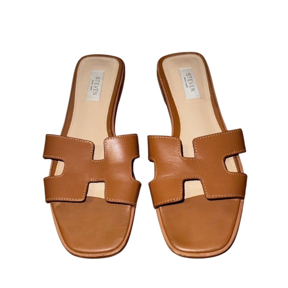 Steven New York Hadyn Cognac Brown Leather H-Band Slide Sandals Womens 8.5 Flat